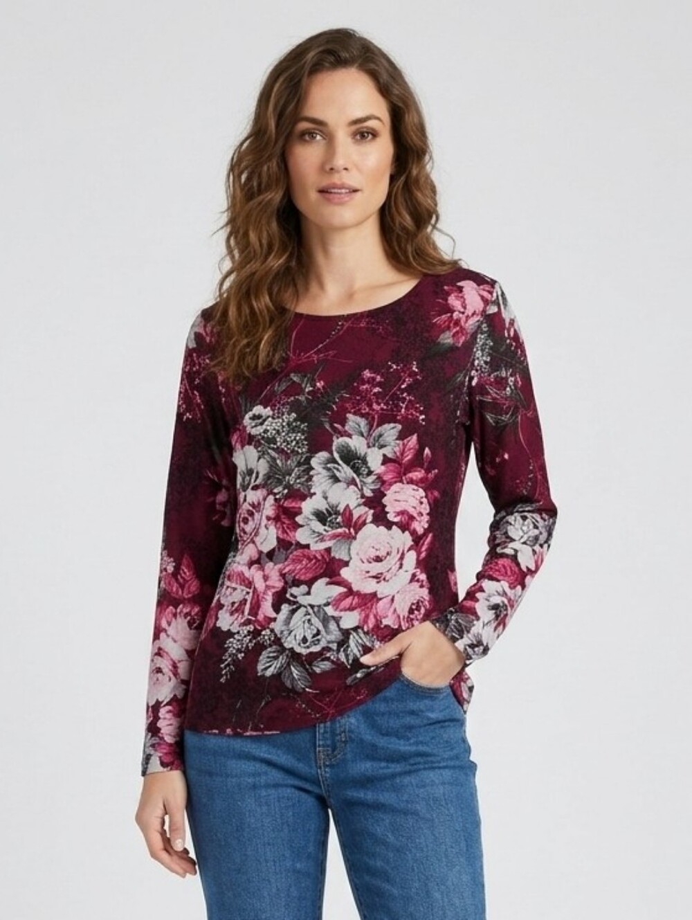 Reflections Floral Long-Sleeve Top in Burgundy and Pink size XL